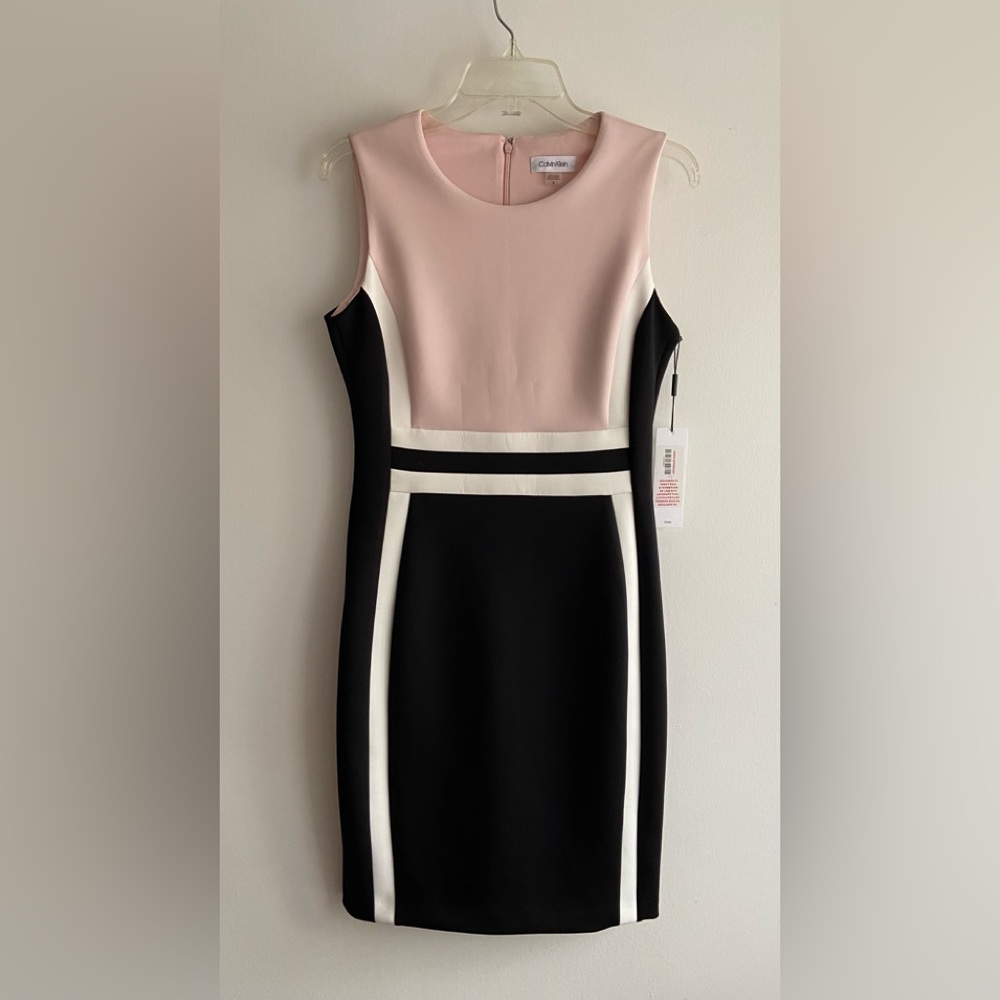 Calvin Klein Pink, Black & White Colorblock Midi Sheath Dress